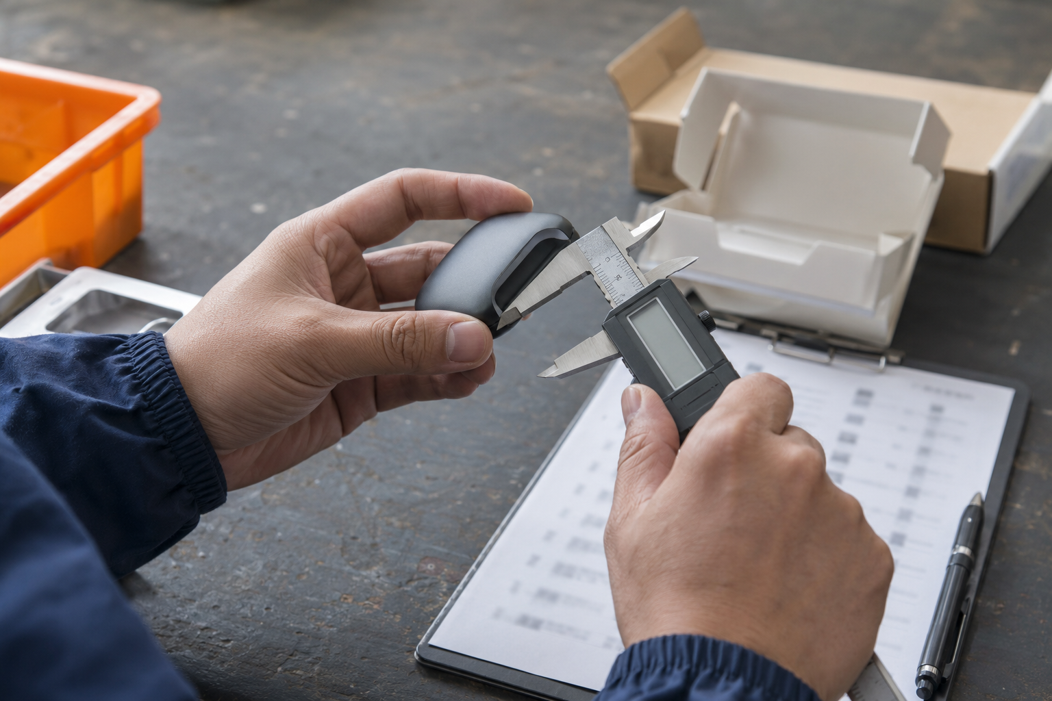 Hands inspecting an unbranded product sample